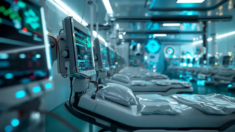 Sala de hospital moderna e bem iluminada.